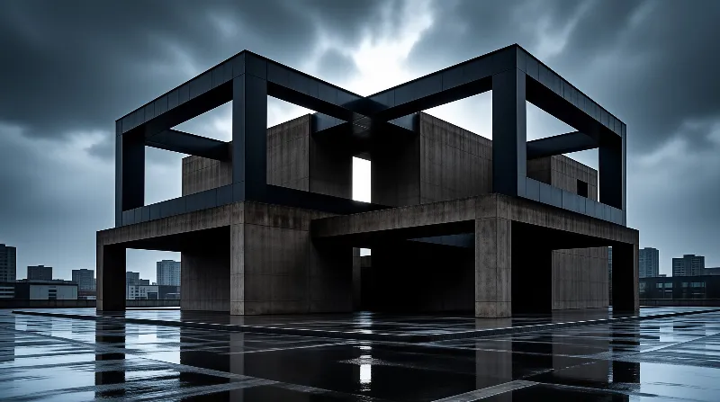 A massive geometric concrete structure stands on a wet pavement reflecting the overcast dark sky.