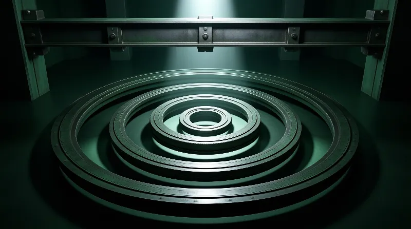 Concentric metal structures sit beneath a beam of emerald lighting in a dimly lit facility.
