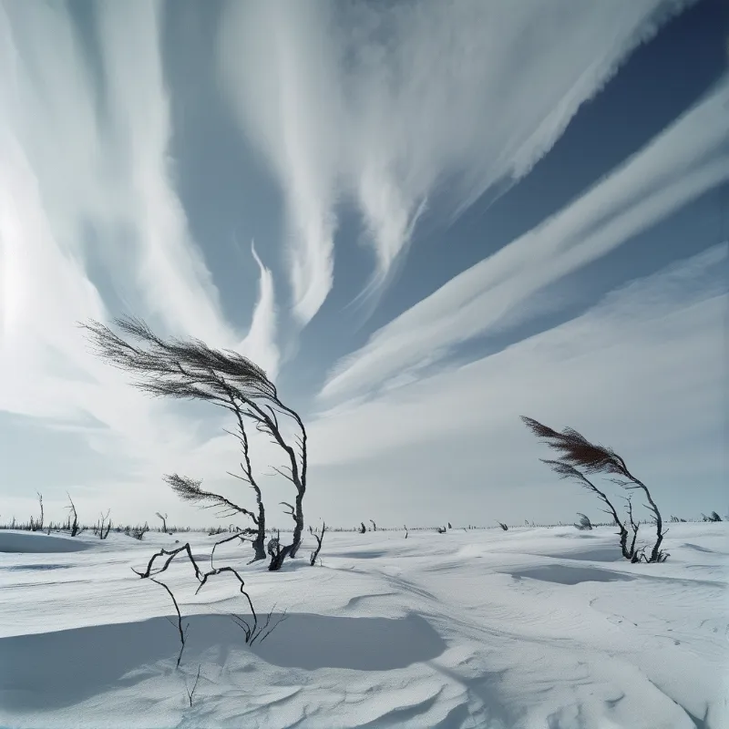 Skeletal trees lean heavily to one side across a vast expanse of white dunes under a bright blue sky with streaky clouds.