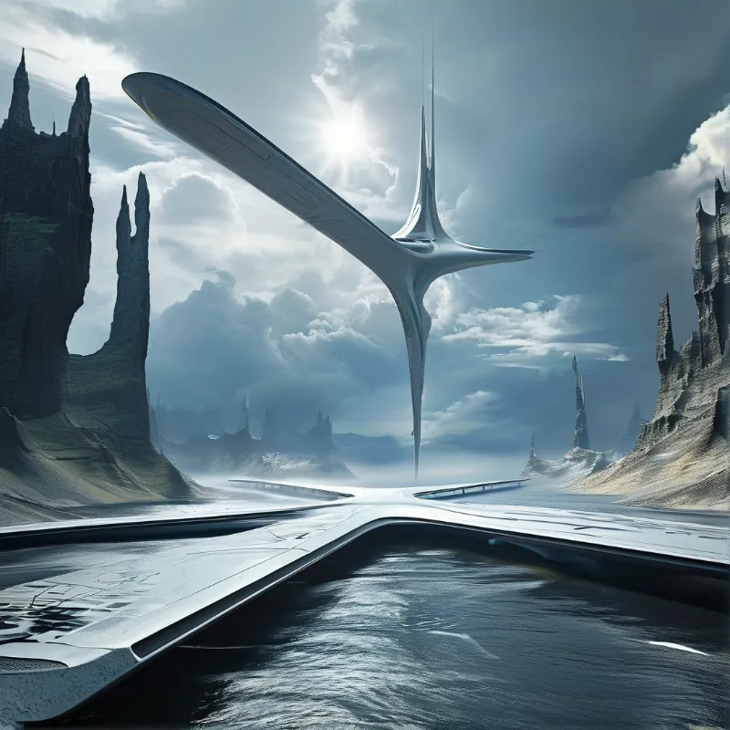 A white winged structure rises from an alien valley with jagged cliffs and sunlight piercing through thick clouds.