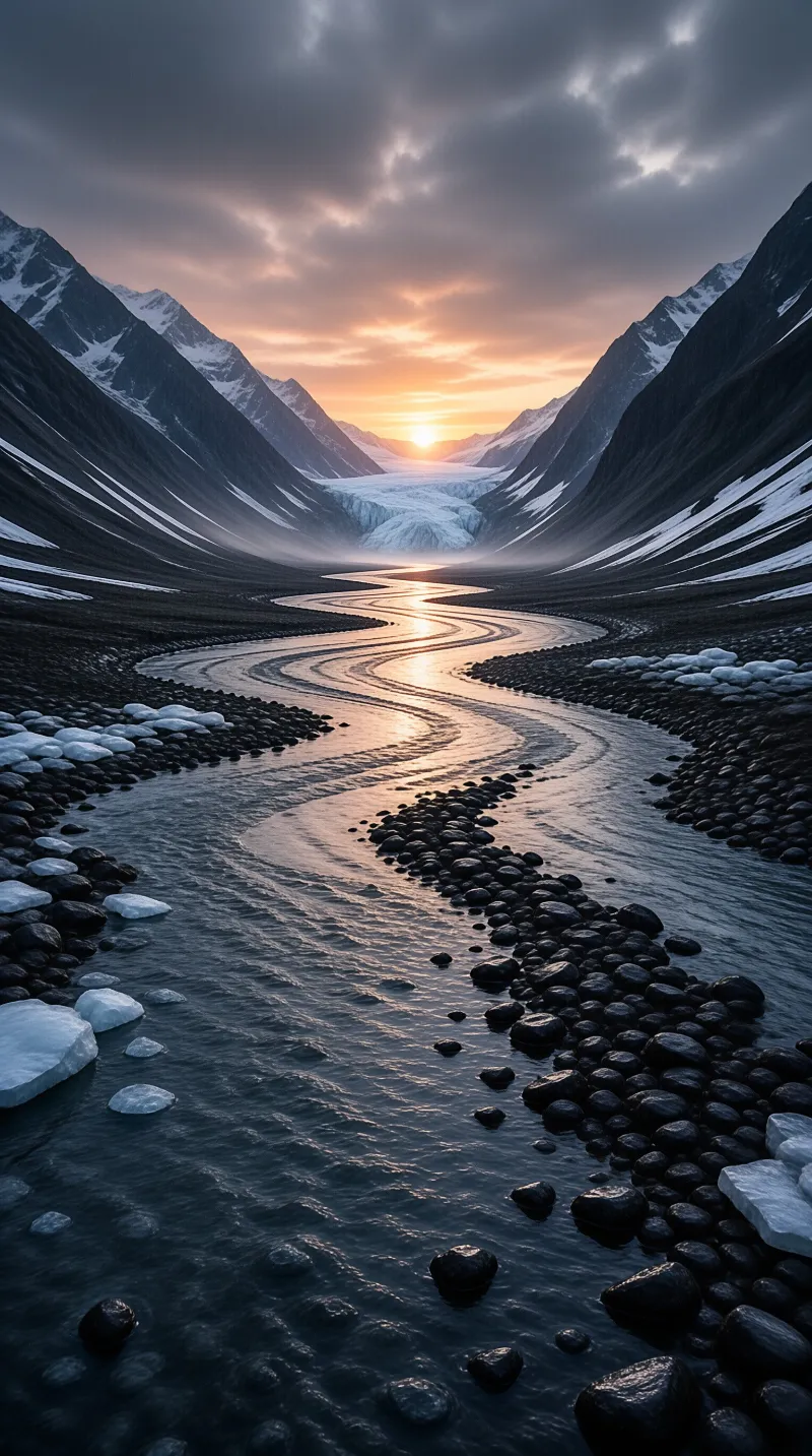 A glacial river curves through a dark rocky valley toward a glacier at sunset with snow-capped mountains on both sides.