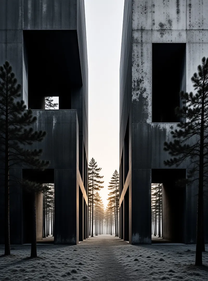 Symmetrical concrete blocks frame a snowy path leading through a pine forest under a pale dawn sky.