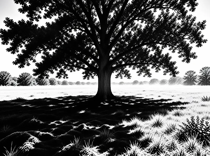 A massive dark tree silhouette stands in a bright field with textured ground and deep shadows