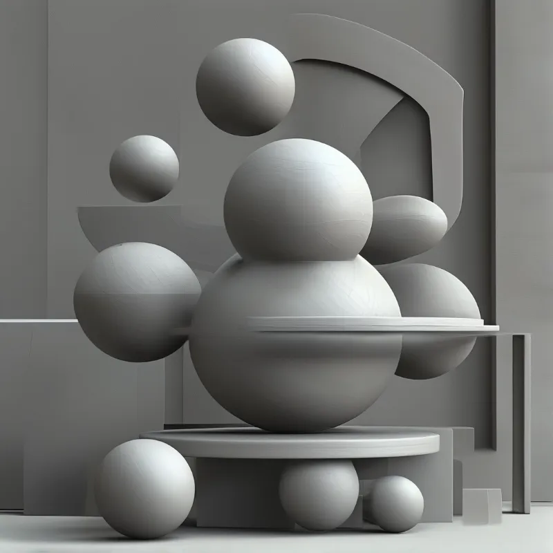 A monochrome 3D composition of smooth spheres resting on cylindrical platforms in a gray room with soft shadows.