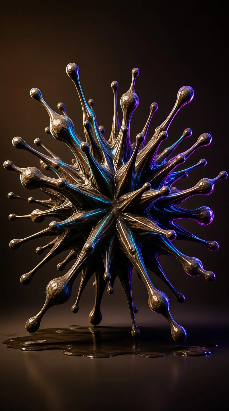 A shiny metallic liquid splash sculpture sits on a dark surface, its pointed protrusions edged with cyan and purple light.