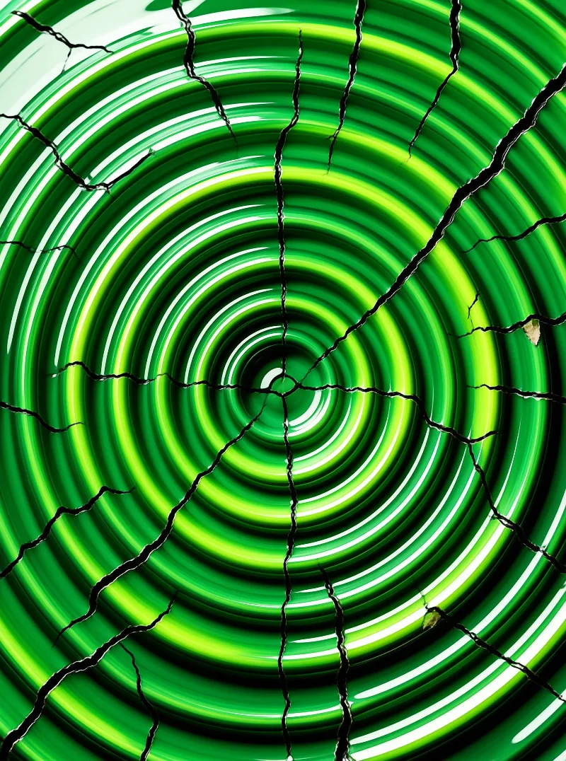 Concentric bands of emerald and lime green radiate from a dark center, split by thin black cracks running outward.