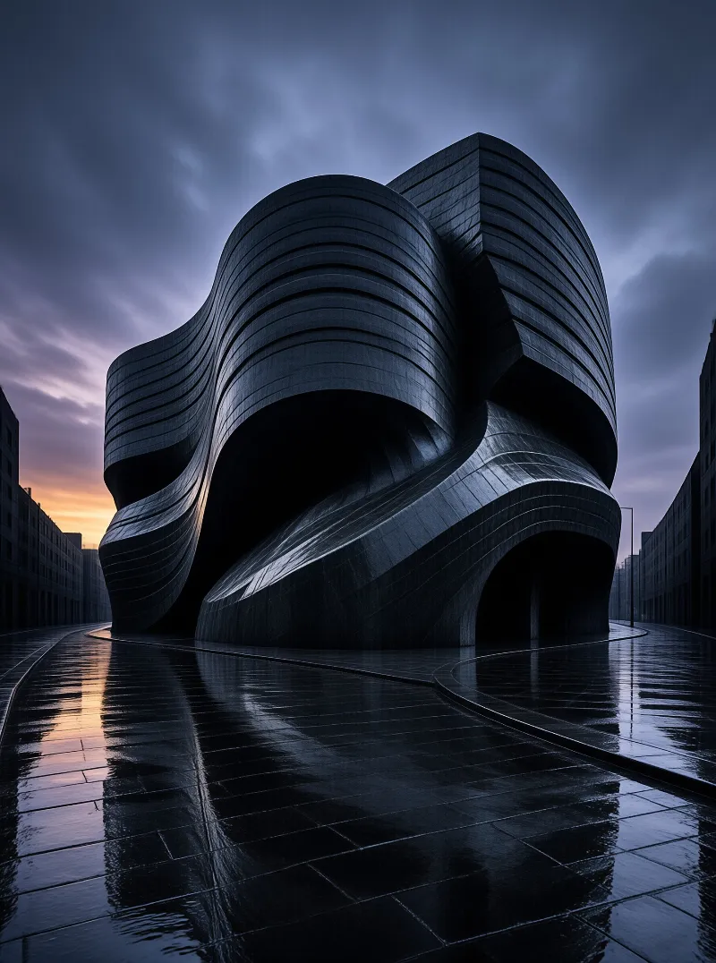 A large undulating dark building rises from a wet reflective plaza under a cloudy evening sky.