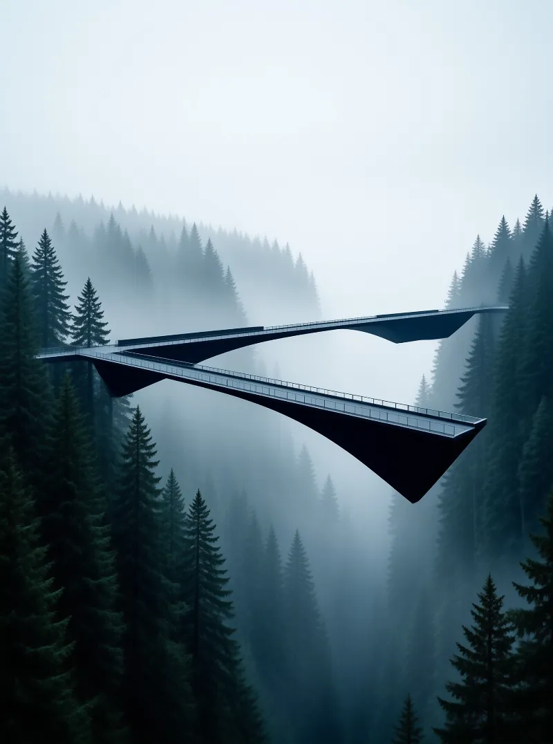 A sleek dark curved pedestrian bridge stretches horizontally across a valley filled with tall evergreen trees that are partially obscured by thick rolling fog creating a serene and mysterious visual composition with cool blue tones.