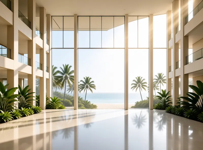 A beige lobby features floor to ceiling glass looking out at a tropical beach with palm trees and blue water.