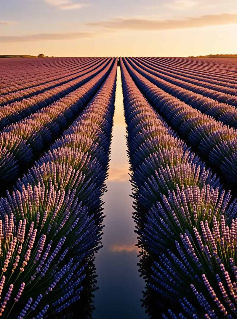 Rows of purple lavender flowers stretch into the distance under a warm orange sky during sunset, creating a symmetrical path through the vast field with soft lighting.