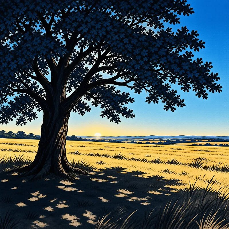 A large dark oak tree casts dappled shadows across a golden grassy field under a sunset sky.