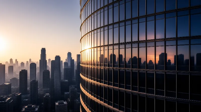 A curved glass building reflects the orange sunset and distant skyscrapers within a hazy metropolitan area.