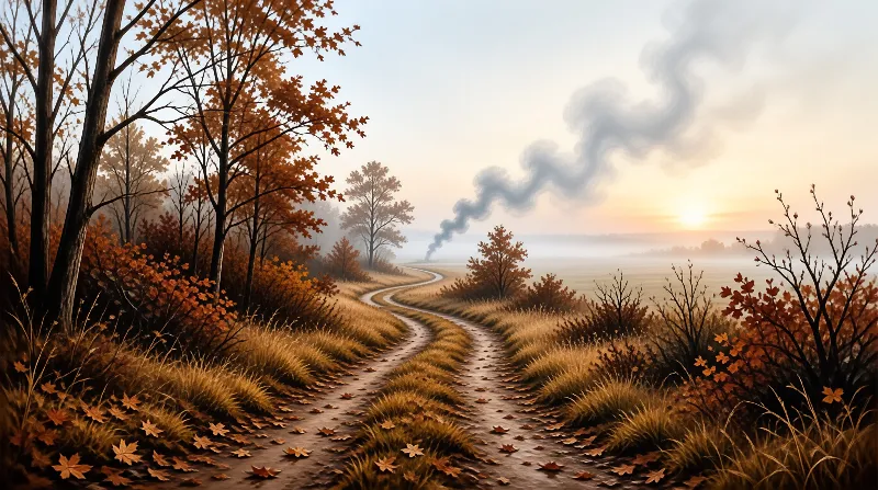 A winding dirt path curves through tall golden grass and orange trees towards a horizon filled with rising dark smoke.