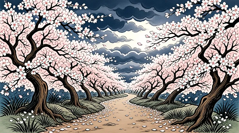 Falling petals drift along a dirt path lined with blossoming orchard trees under heavy indigo clouds.
