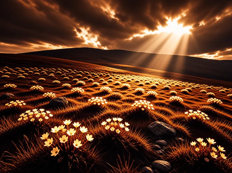 White wildflowers dot a rolling hillside as bright sunbeams cut through heavy dark clouds.