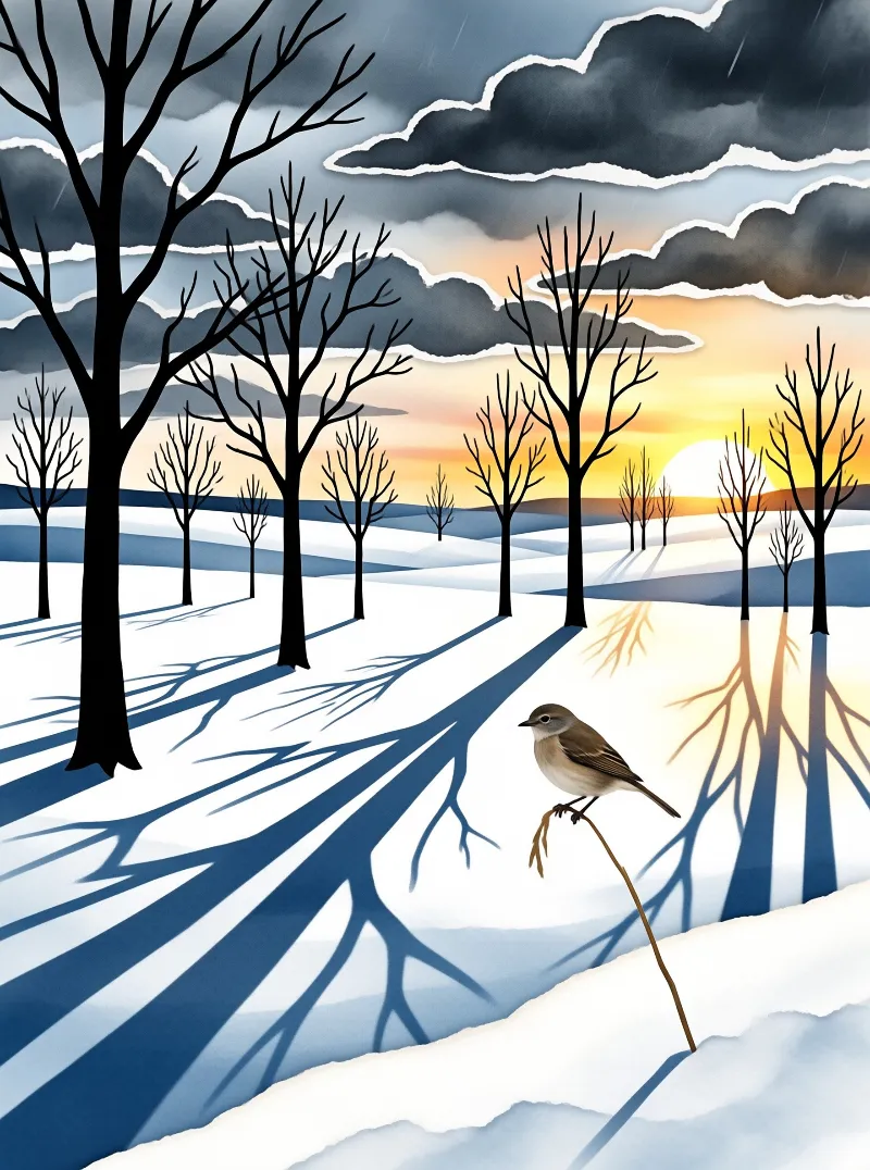 A small brown bird stands on a twig in a snowy field while the sun sets behind clouds and bare trees cast long shadows.