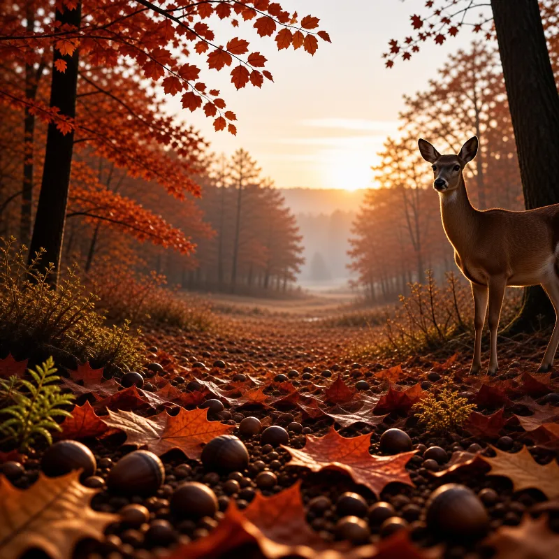 A deer stands on a forest path covered in autumn leaves while warm sunlight rises behind the misty trees.