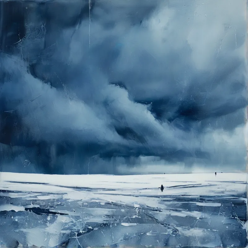 A vast expanse of cracked white ice stretches beneath a dark and chaotic blue sky with tiny distant figures