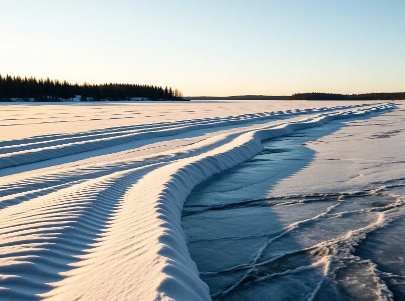 Wind carved snow ridges curve across a frozen lake surface near a distant forest line under a clear sky.