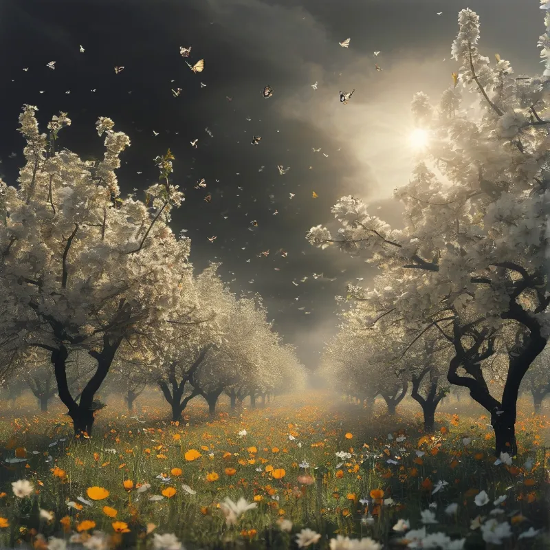 Rows of blossoming trees with a field of yellow and white flowers beneath a sunlit sky filled with butterflies.