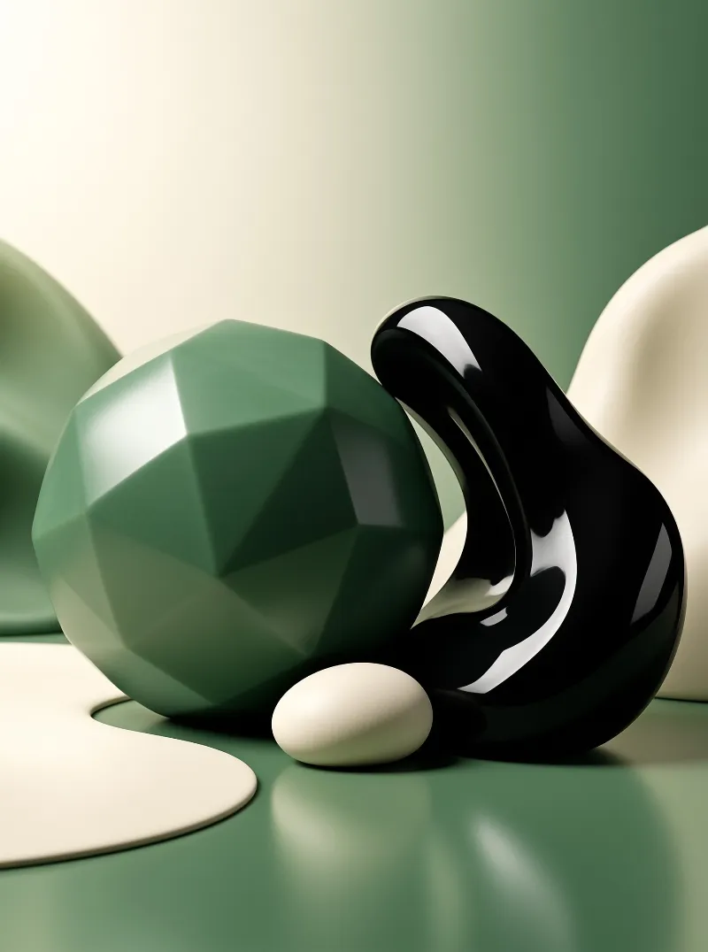 Minimalist 3D art featuring a faceted green shape, a white pebble, and a twisted glossy black object on a soft surface.