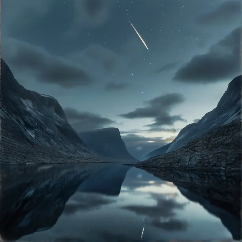 A bright meteor streaks across the cloudy night sky above a calm lake surrounded by steep rocky mountains.