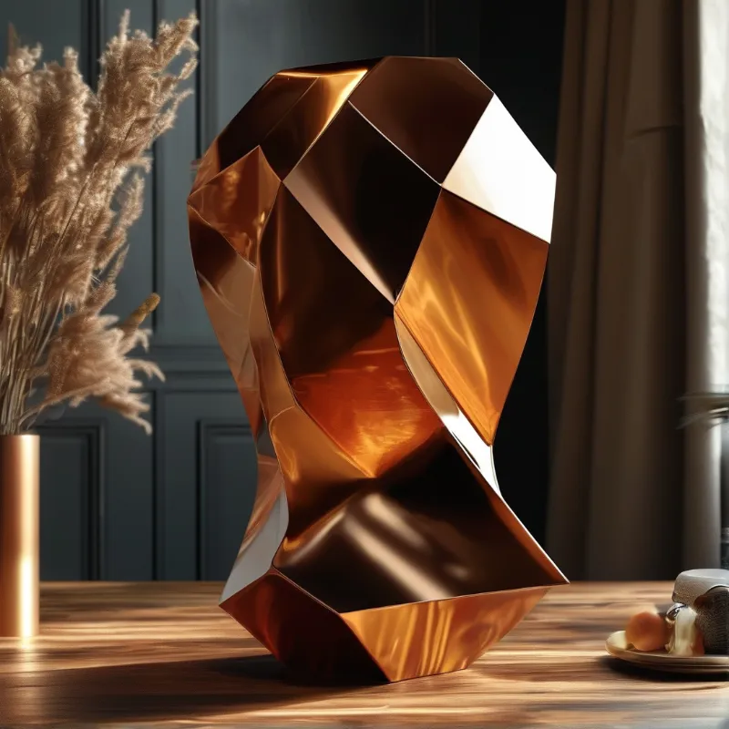 A polished bronze sculpture with angular planes stands on a wooden table beside dried pampas in a dim paneled room.