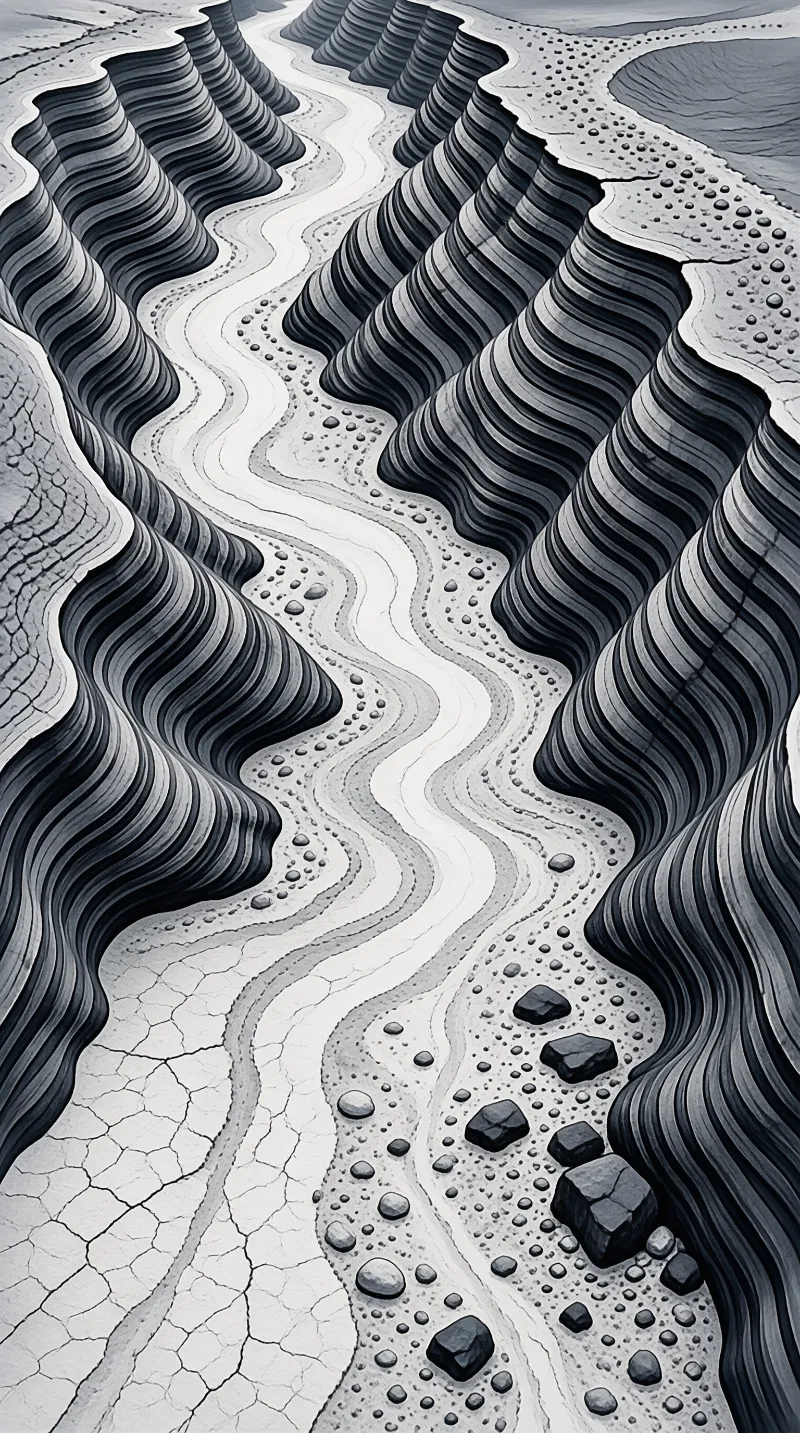 Black and white view of ridged layered rock formations bordering a sinuous cracked arid watercourse strewn with pebbles.