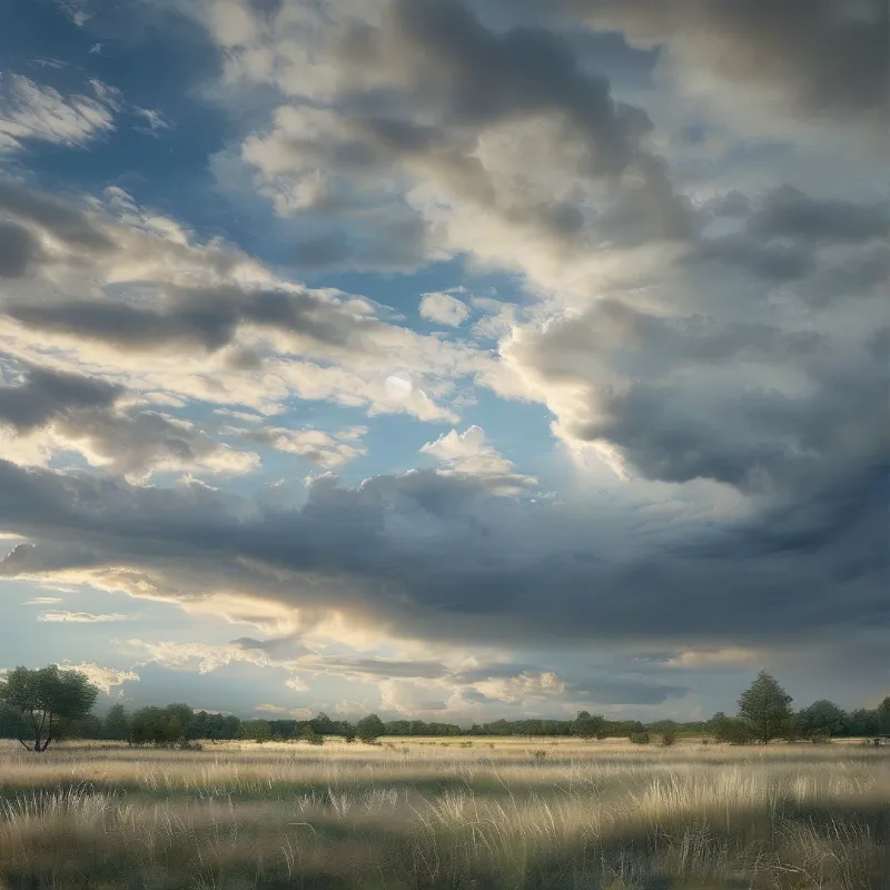 A panoramic view of a grassy field under a dramatic sky with sunlight streaming through clouds.