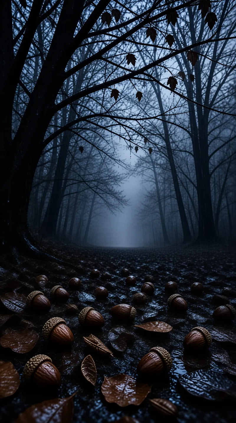 Fallen acorns rest on damp soil beneath bare branches in a foggy forest.