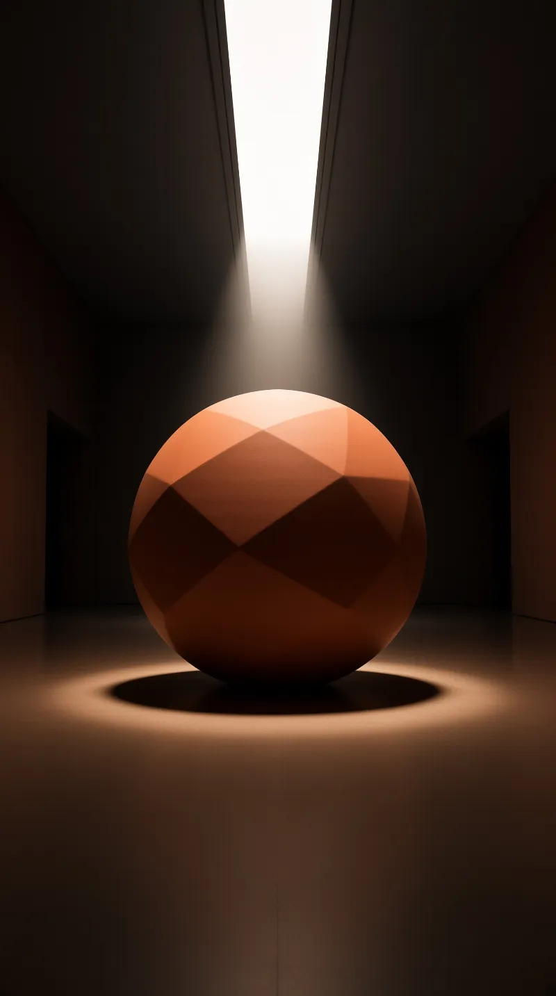 A large orange polyhedral object rests on a dark floor beneath a strong vertical beam of white light.