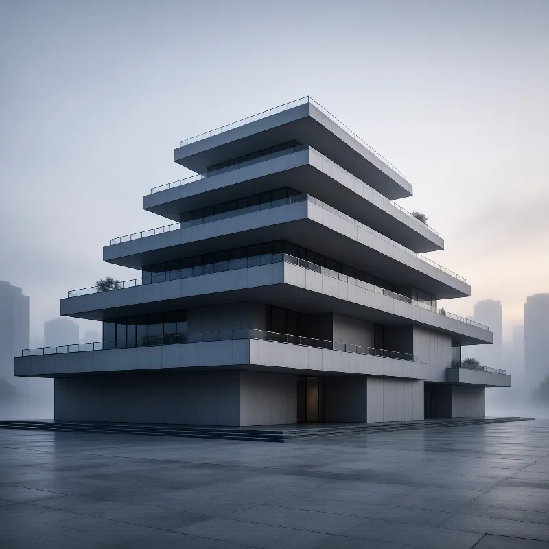 A layered grey structure stands on a wet plaza surrounded by atmospheric haze and distant skyscrapers under a pale sky.