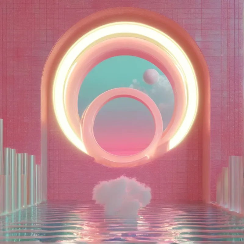 A luminous layered neon arch sits in a pink tiled room with reflective rippling water below and a floating cloud in front.