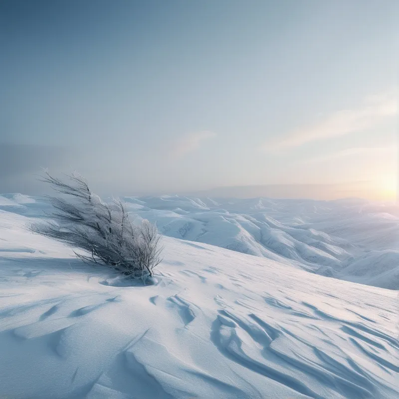 A small windblown bush stands on rolling snow hills under a pale sky with sunlight glinting on the horizon.