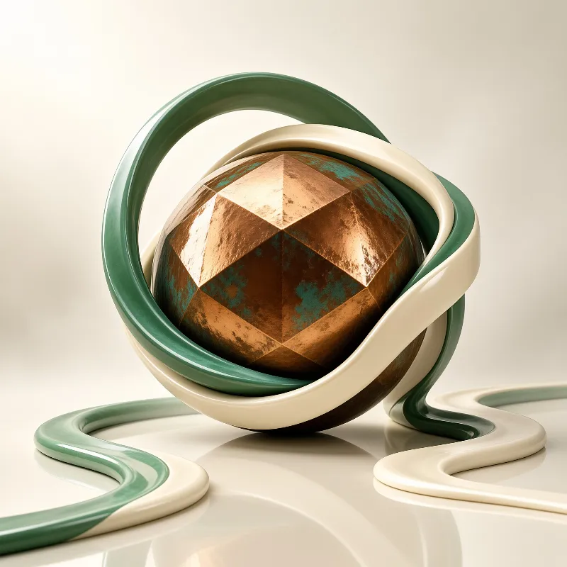 A faceted copper sphere is encased by intertwining green and cream ribbons on a reflective white surface.