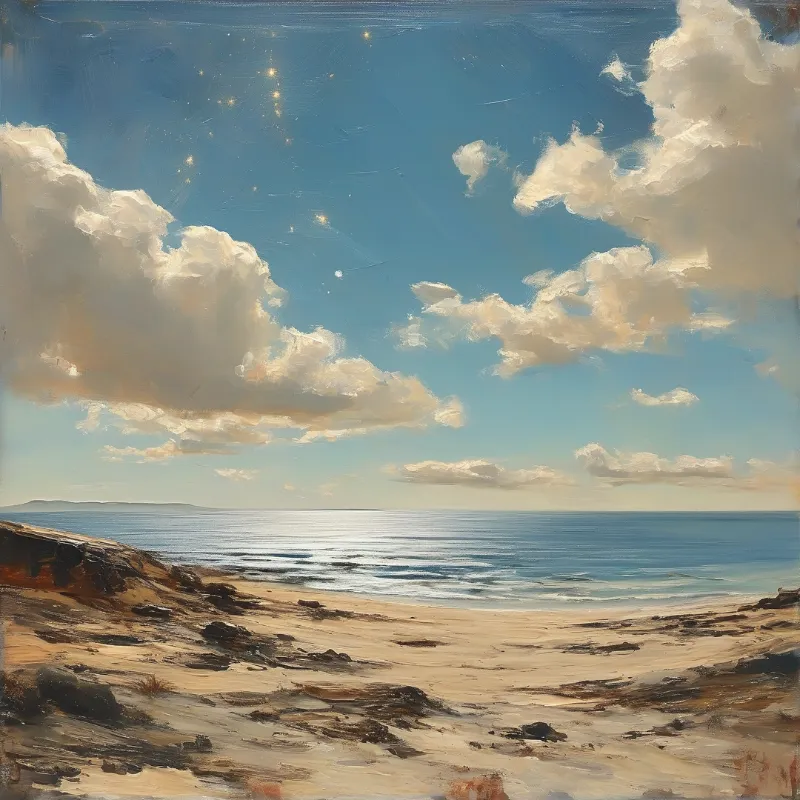 A painting of a rocky beach meeting the calm ocean under a blue sky filled with white clouds and sparkling lights.