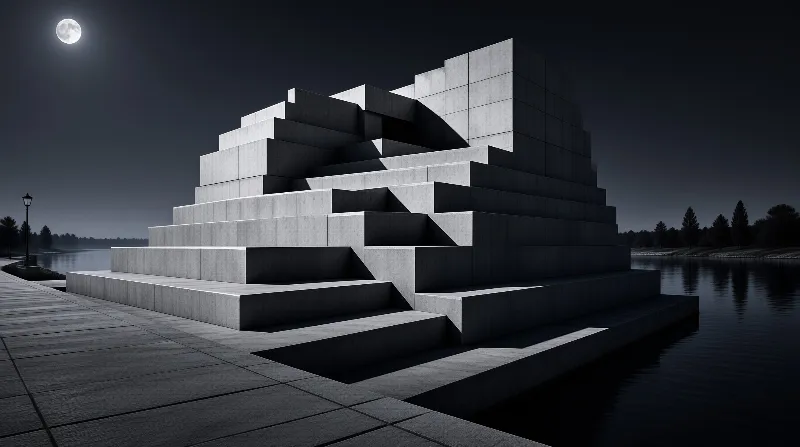A large geometric stone monument rises from the water at night under the glow of a bright full moon in the sky.