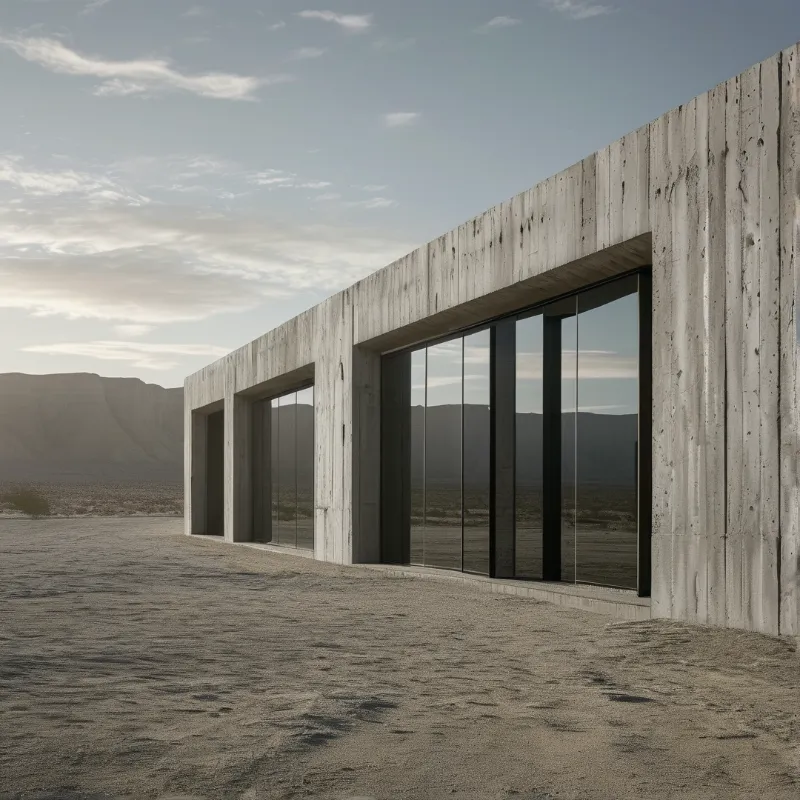 A low board formed concrete house with tall reflective glass windows stands on flat desert ground.