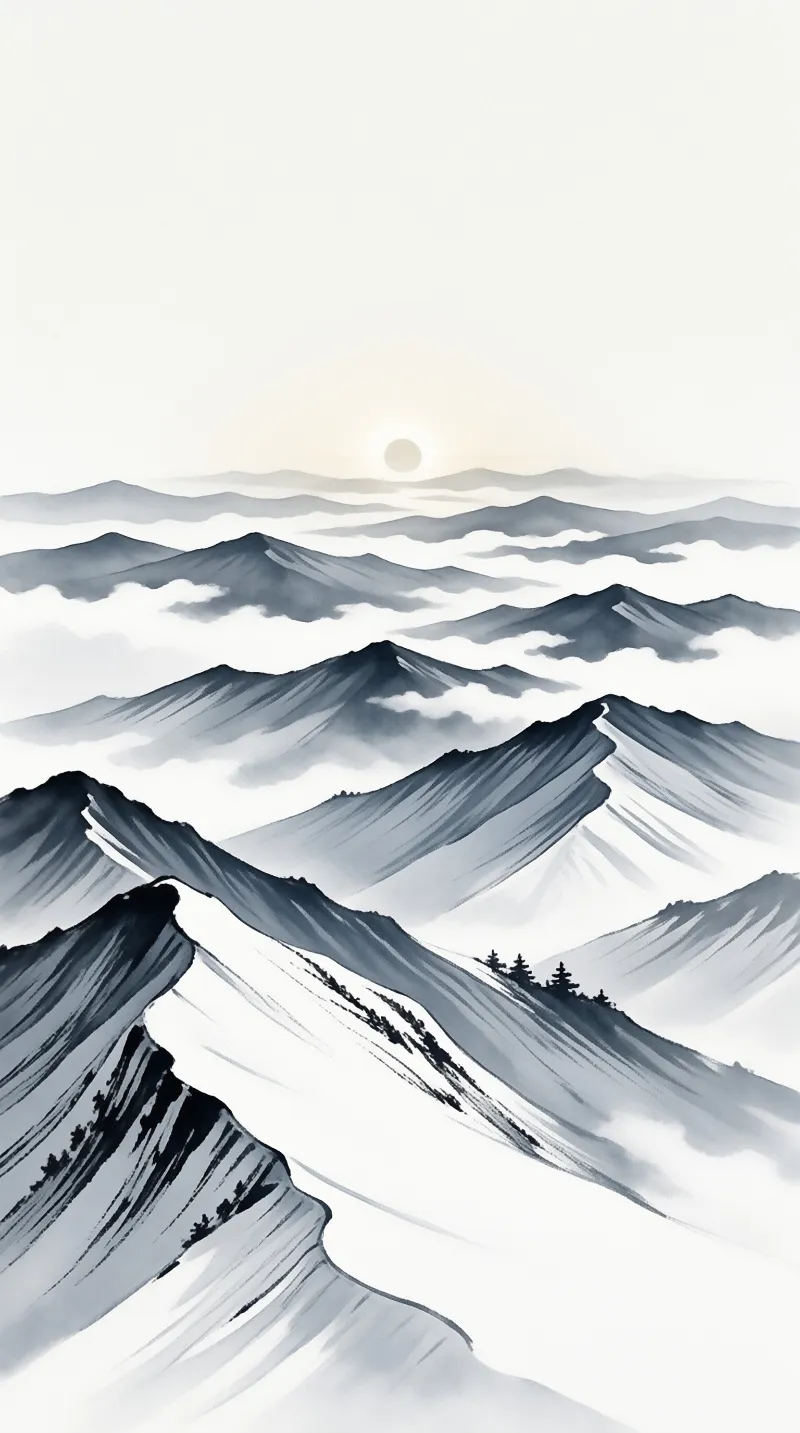 Soft grey ridges fade into layered mist as a pale winter sun hovers over the silent peaks