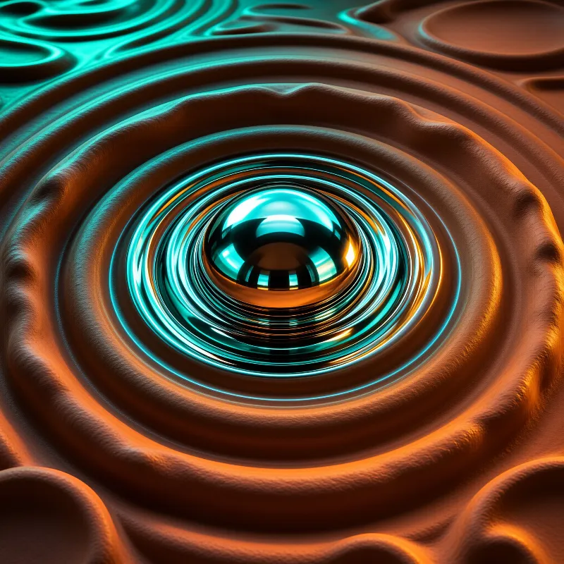 A reflective chrome sphere sits in the middle of rippling orange liquid with teal highlights.