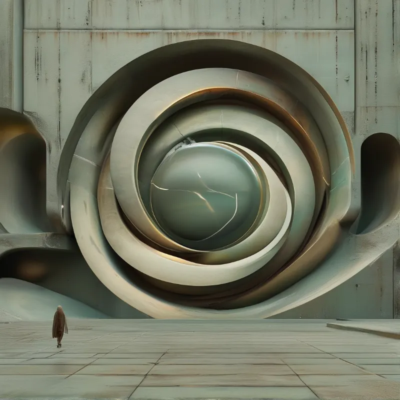 Nested rings of weathered stone surround a glossy core while a lone distant walker crosses the pale square.