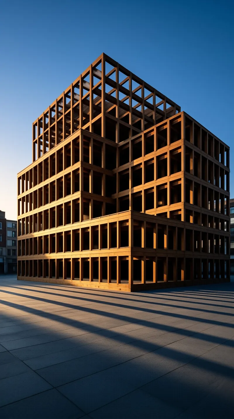 A multi-story wooden skeleton stands tall against a clear blue sky while long shadows stretch across the paved ground.