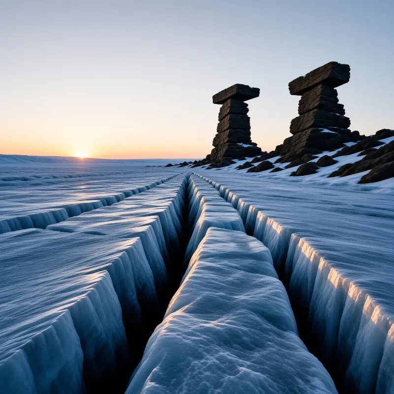 Stacked rocks rise near a horizon framed by geometric frozen channels lit by a low sun.