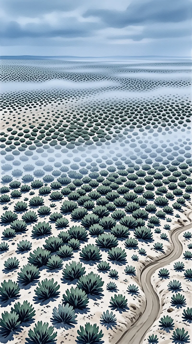 A winding dirt road cuts through a vast field of green succulent plants beneath a cloudy blue sky.