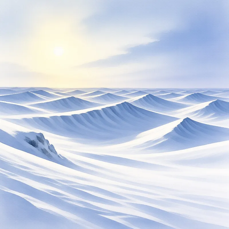 A vast landscape of rolling snow-covered dunes stretches towards the horizon under a pale sun and soft blue sky.