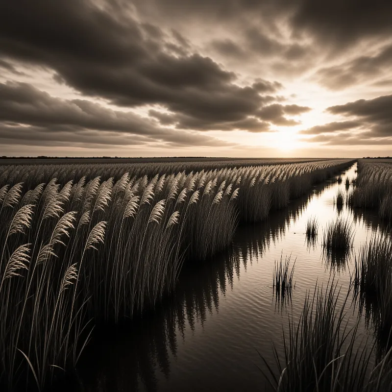A wide expanse of wetland vegetation splits around a narrow stream that reflects the bright sun breaking through clouds.
