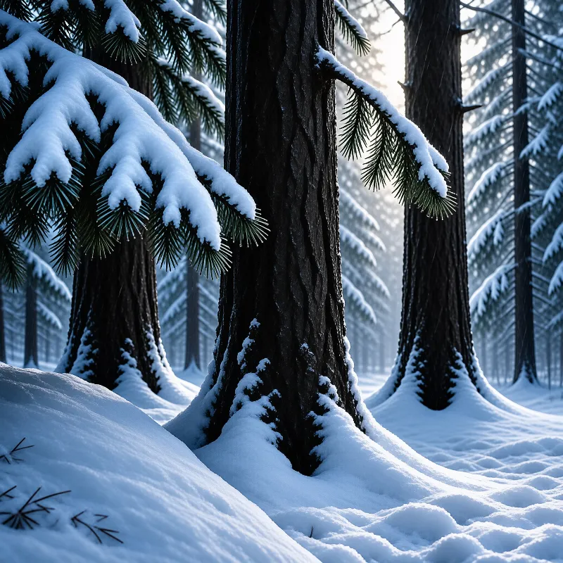 Snowy pine forest with thick snow on branches and ground, lit by soft diffused winter light creating blue shadows