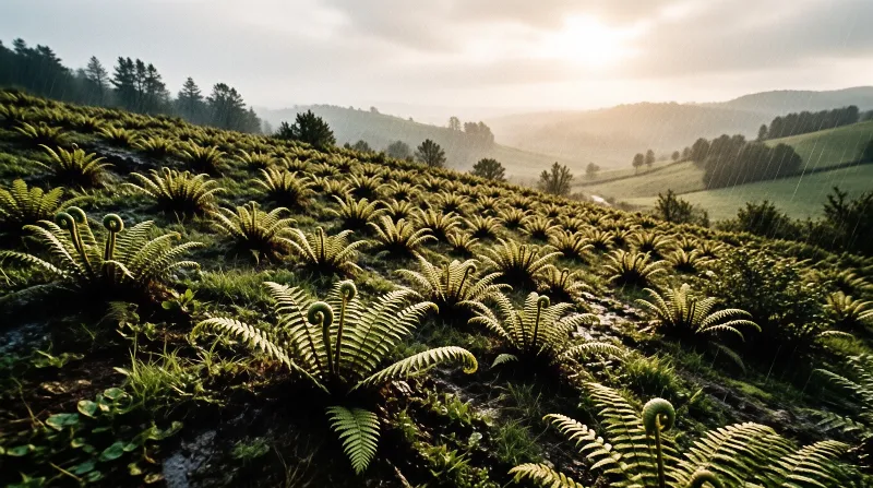 A dense field of green ferns covers a rolling hillside under a hazy sky with sunlight filtering through.