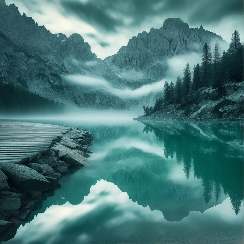 A wooden dock stretches across a tranquil cyan water surface beneath fog-covered rocky summits.