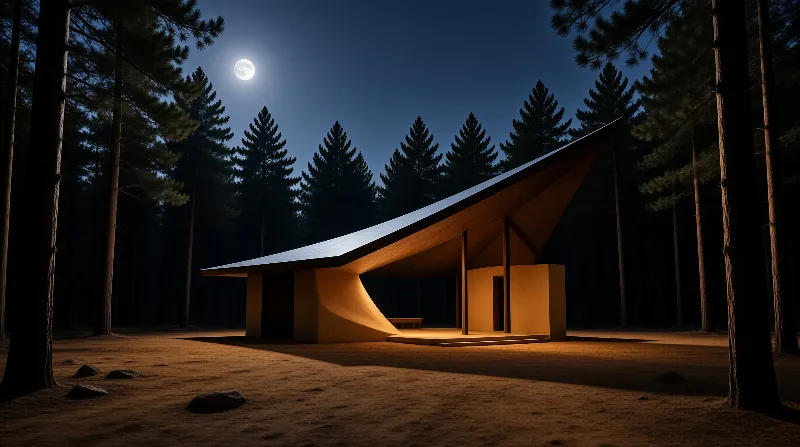 A modern angular structure with warm wood tones sits illuminated against a dark moonlit pine forest